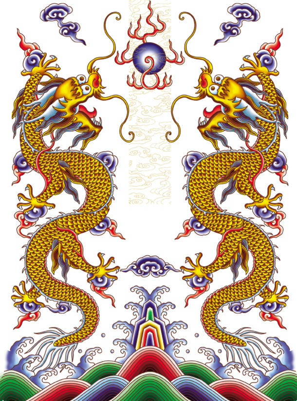 二龙戏珠PNG透明图，高清中国风装饰元素，设计素材下载
