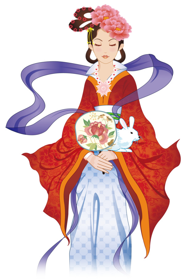 嫦娥玉兔高清PNG透明图，中秋佳节创意素材，免费下载