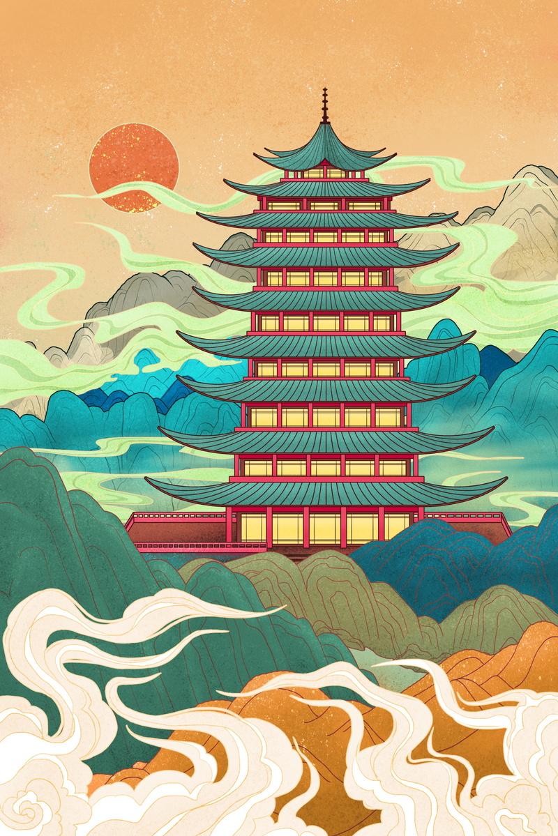 国潮复古风，九层塔楼古建筑插画，高清JPG图片设计素材下载