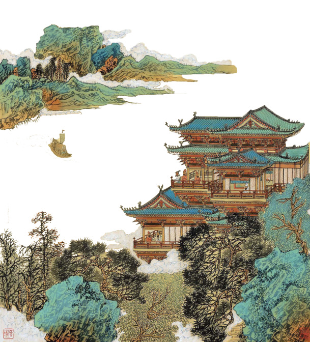 绢本滕王阁风景画，高清PNG透明元素，中国风设计素材下载