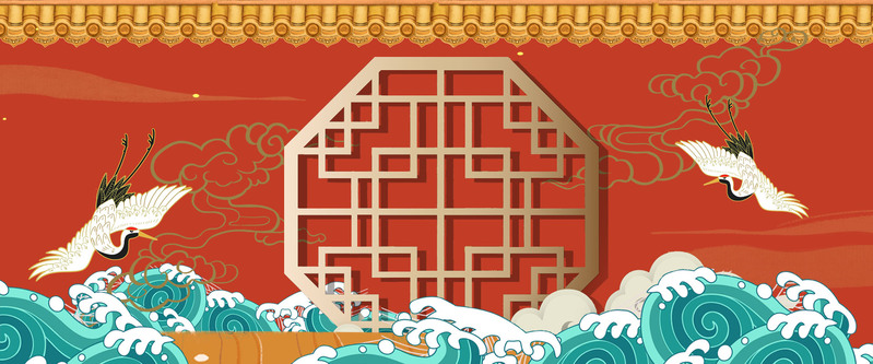 复古中国风红色海上白鹤背景墙设计素材，高清JPG与PSD格式下载