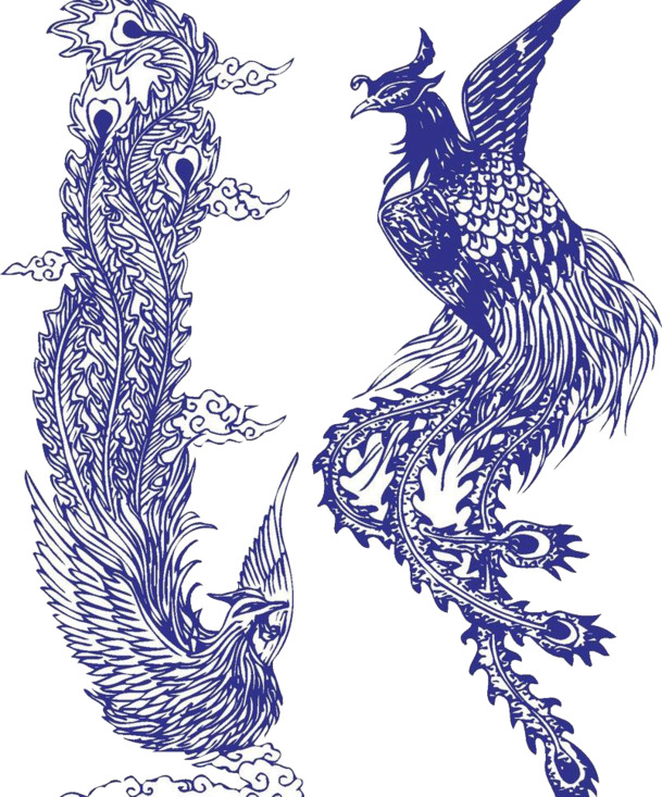 青花瓷凤纹PNG透明图片，中国风高清装饰元素，设计素材下载