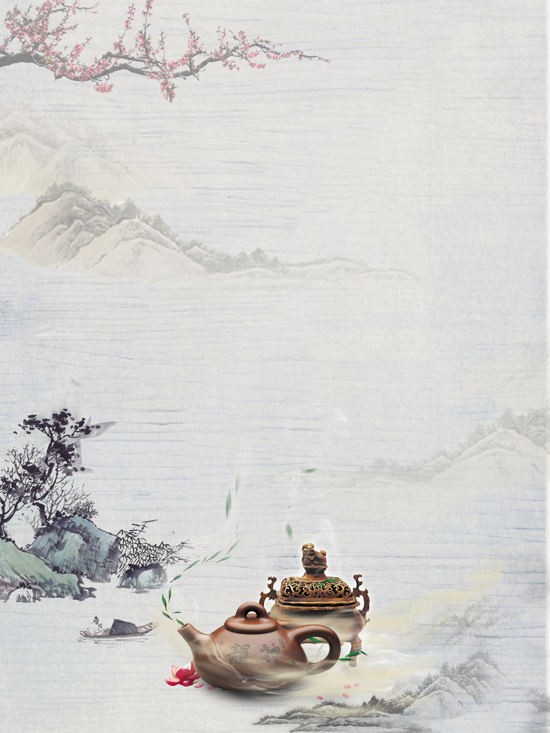 中国风水墨山水画，茶道宣传海报背景素材，复古高清JPG/PSD格式下载