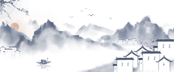 中国风手绘水墨风景，徽派建筑高清PNG透明装饰元素，图片设计素材下载