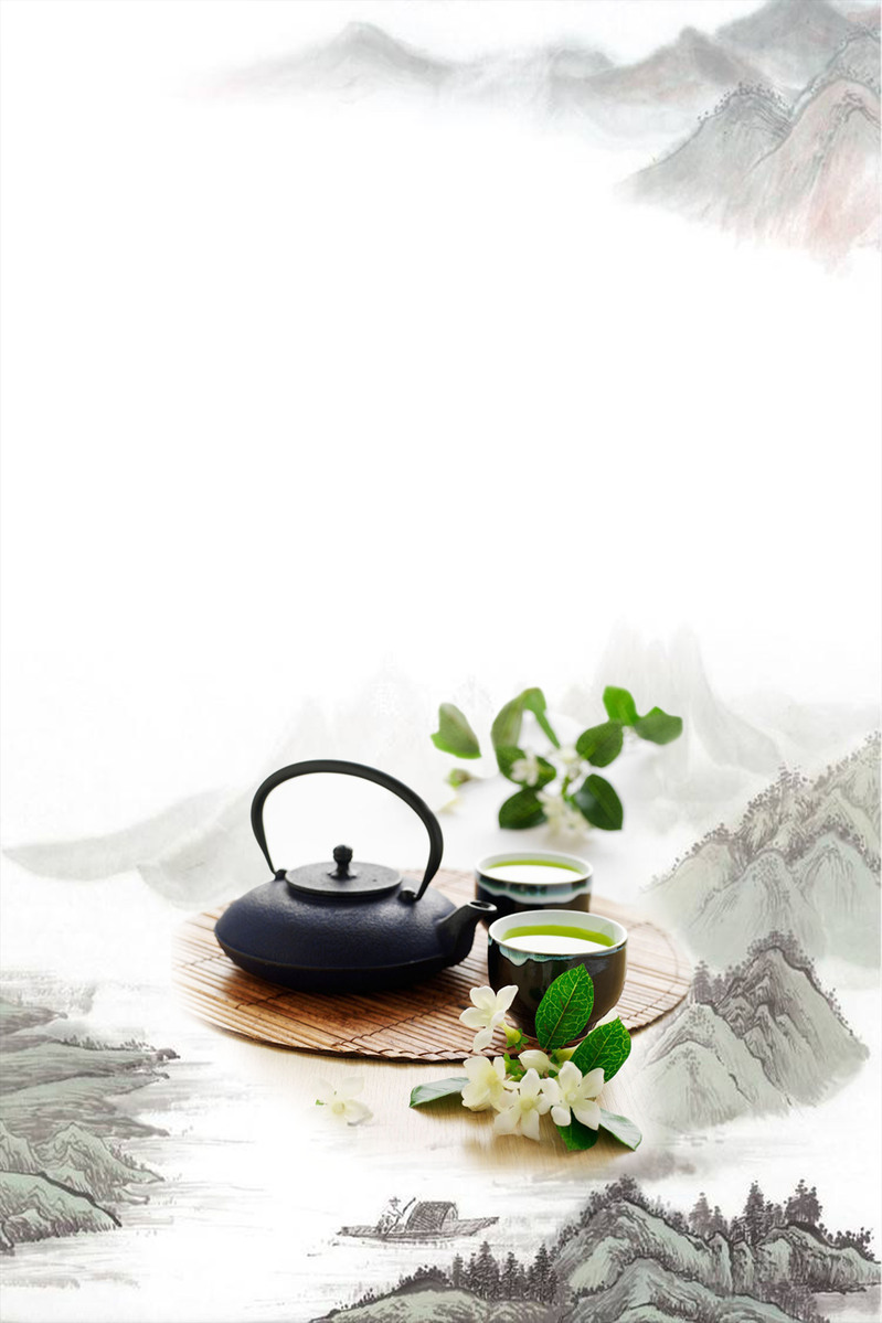 中式水墨茶壶，茶文化背景高清复古JPG图片素材，中国风设计下载