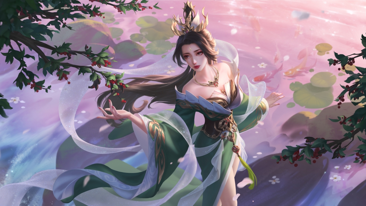 唯美仙女与荷塘仙境，高清5K壁纸，古风美女与鱼儿共舞