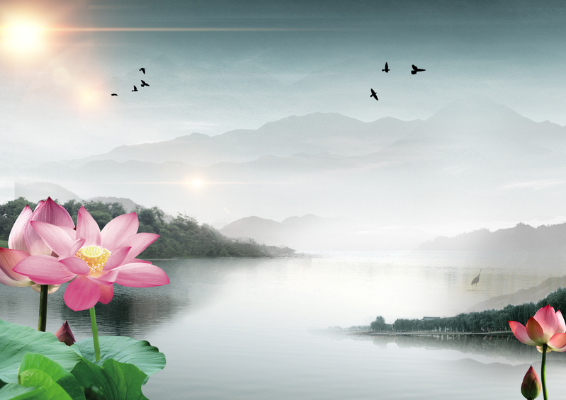 廉洁荷花水墨背景，复古中国风设计素材，高清JPG/PSD下载