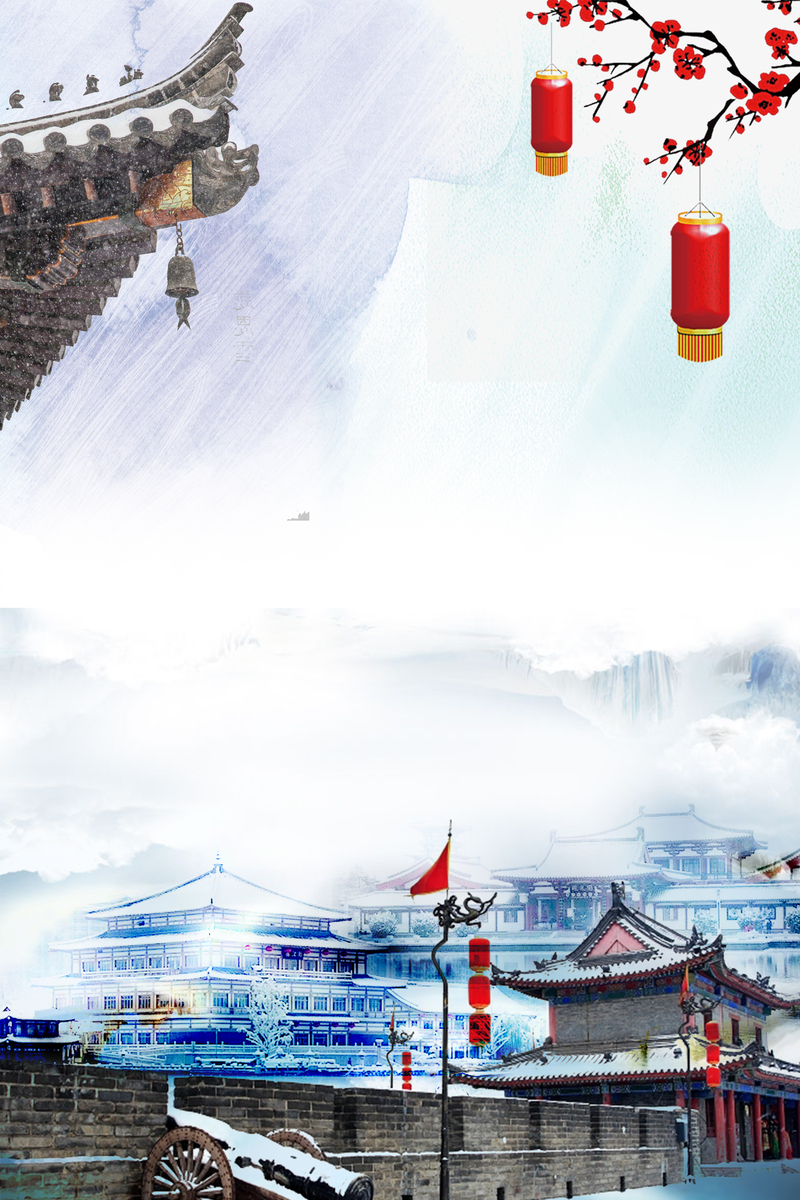 宫廷建筑手绘背景，高清JPG复古中国风设计素材下载