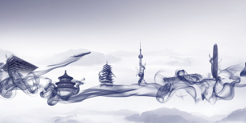 复古水墨中国风建筑PSD素材，高清JPG图片下载