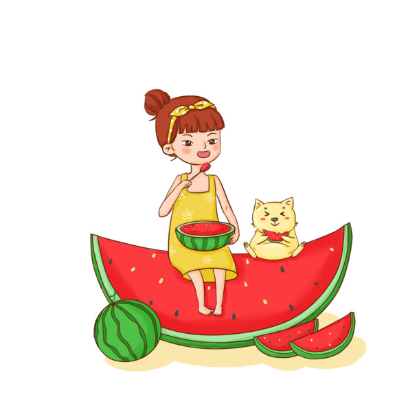 夏日女孩畅享西瓜盛宴，高清PNG透明图片及节日PSD素材下载