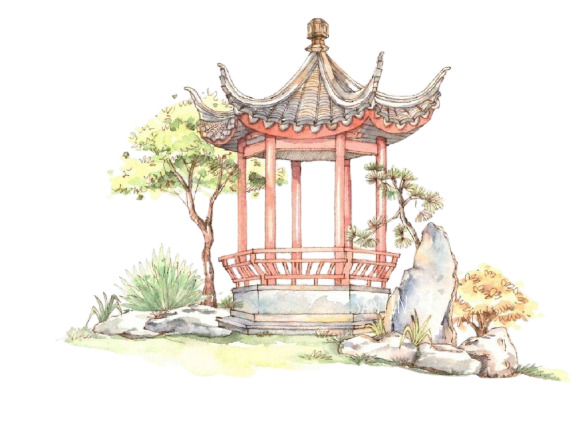 中国风国画园林小景高清PNG透明图片，亭台楼阁元素，设计素材下载