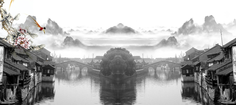 中国风古建筑高清图片与PSD设计素材，中国画风格复古下载