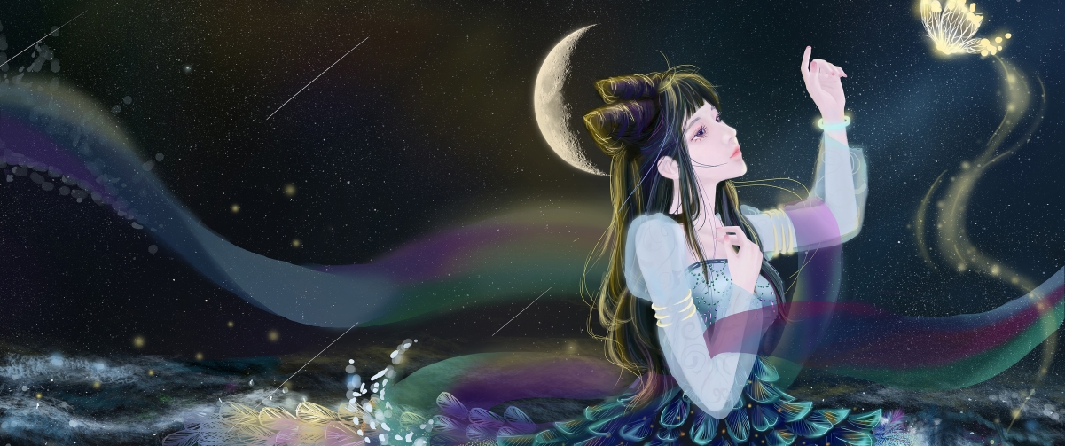 古风少女丝绸舞夜海，月蝶相伴，唯美4K动漫壁纸高清下载