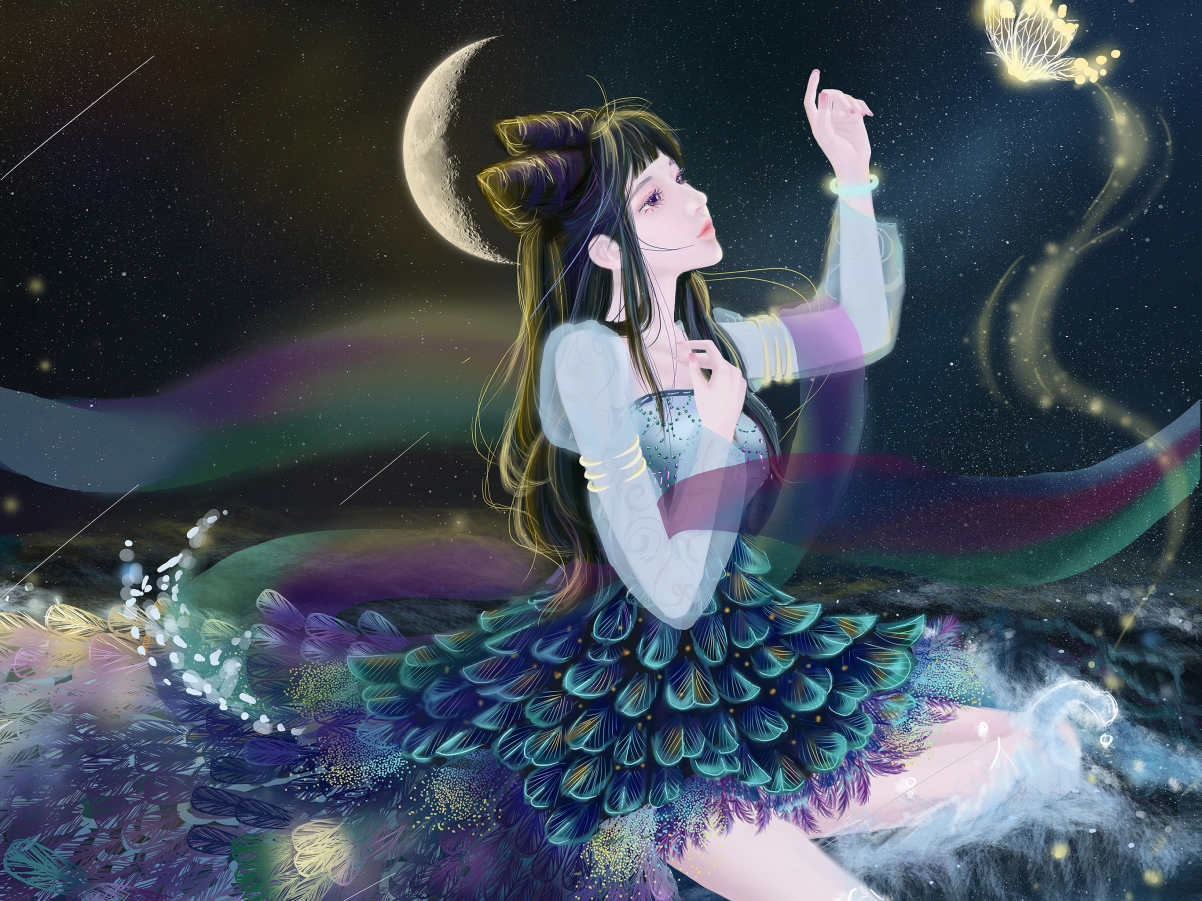 古风少女月夜海景，丝绸飘逸，蝶舞翩翩 - iPad高清壁纸（2732x2048）