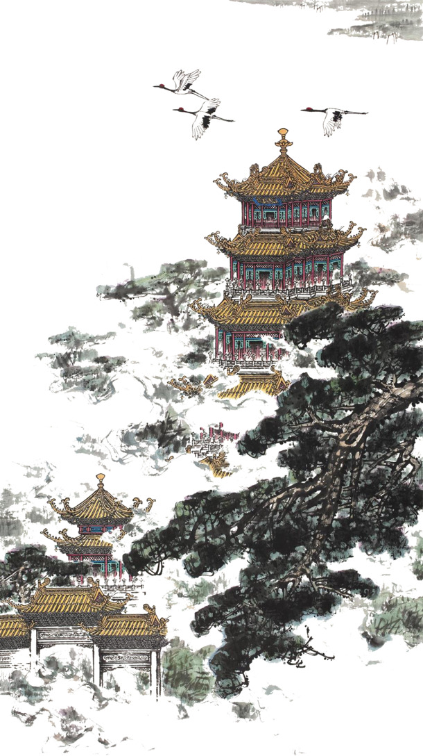 国画黄鹤楼与仙鹤PNG透明素材，中国风高清图片设计元素下载