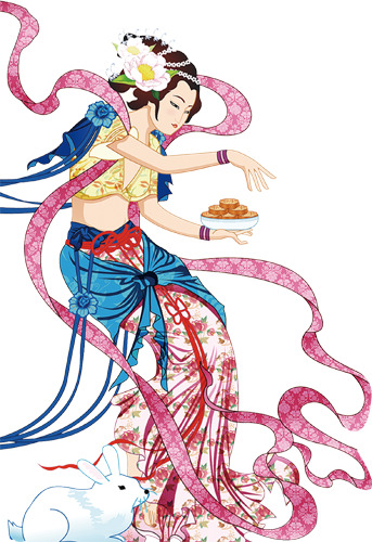 中秋节嫦娥月饼手绘PNG素材，高清透明图片，节日元素设计下载