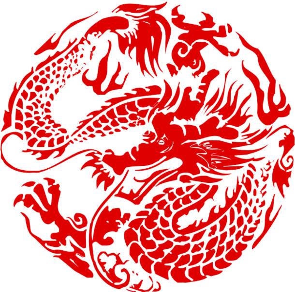 红色龙纹剪纸PNG透明图，中国风装饰元素，高清素材免费下载