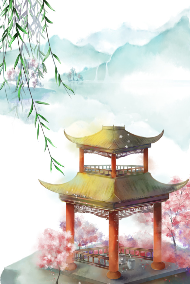 古风亭台柳叶桃花美景PNG透明图，中国风PSD设计素材高清下载