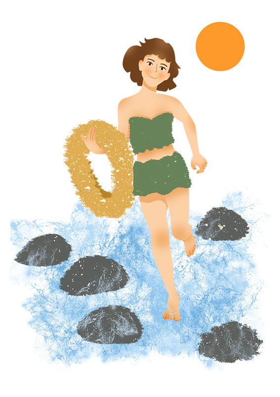 手绘夏日海滩旅游戏水女孩插画，高清PNG透明图片，节日元素PSD设计素材下载