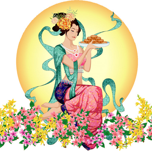 中秋佳节，嫦娥奔月花朵月饼PNG透明图，高清节日元素设计素材下载