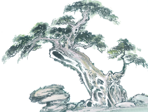 古松山石水墨画PNG透明图，中国风装饰元素，高清素材下载