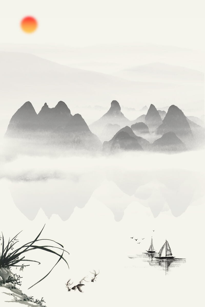 中国风山水意境装饰画，复古高清JPG与PSD设计素材下载
