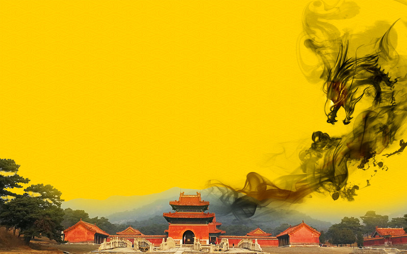 中国风复古黄色建筑水墨背景JPG图片，旅游海报设计素材高清下载