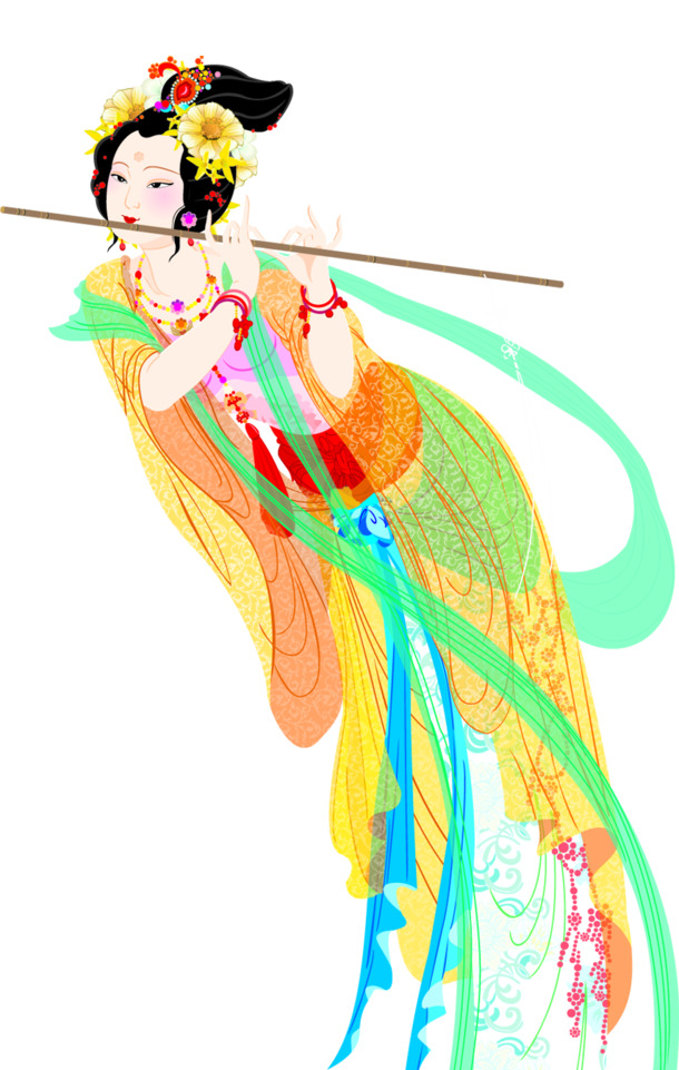 手绘古风少女吹笛PNG透明图，中秋节日元素，高清素材下载
