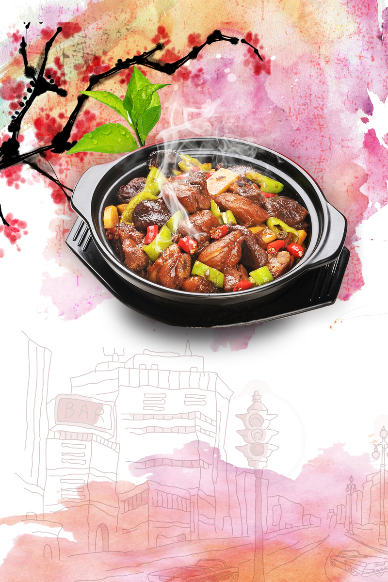 黄焖鸡米饭特色小吃宣传海报，复古中国风背景，高清JPG/PSD设计素材下载
