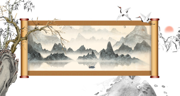 中国风装饰元素，仙鹤远山水墨画卷轴PNG透明图片，高清PSD设计素材下载