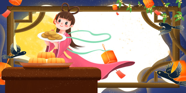 中秋手绘元素，嫦娥桂花灯笼PNG/PSD，高清透明，节日设计素材下载