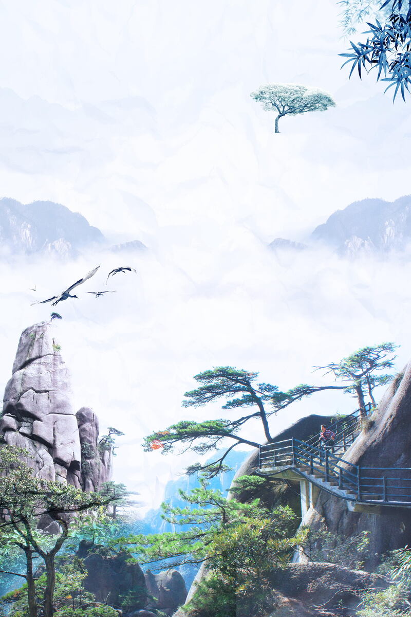 中国风三清山旅游PSD分层图，复古高清JPG素材下载