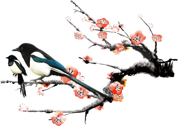 冬日梅花喜鹊PNG透明图，国风装饰元素，高清下载