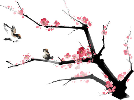 冬日粉梅小鸟图案，高清PNG透明素材，圣诞节日设计元素免费下载