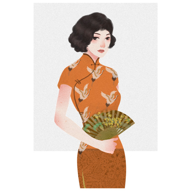 手绘旗袍美女PNG透明图，中国风装饰元素，高清设计素材免费下载