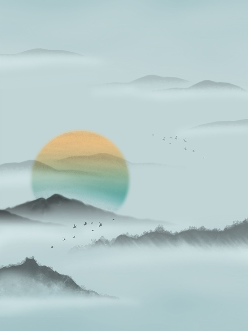 古风山水墨韵背景，山脉太阳高清JPG，复古中国风PSD设计素材下载