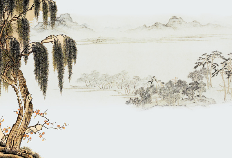 中国风柳树荷花海报背景，复古高清JPG/PSD设计素材下载