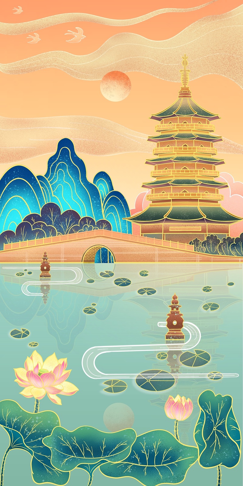 国潮手绘插画西湖背景，复古中国风高清JPG素材下载