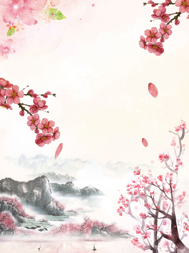 中式古韵桃花林水墨海报背景，高清JPG/PSD格式，复古中国风设计素材下载
