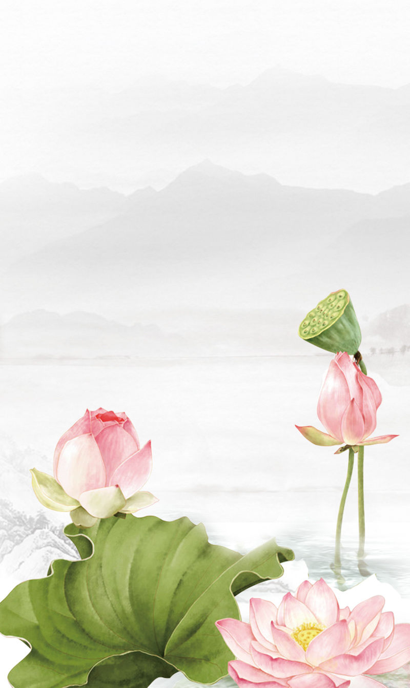 中国风荷塘月色荷花背景，复古JPG/PSD设计素材高清下载