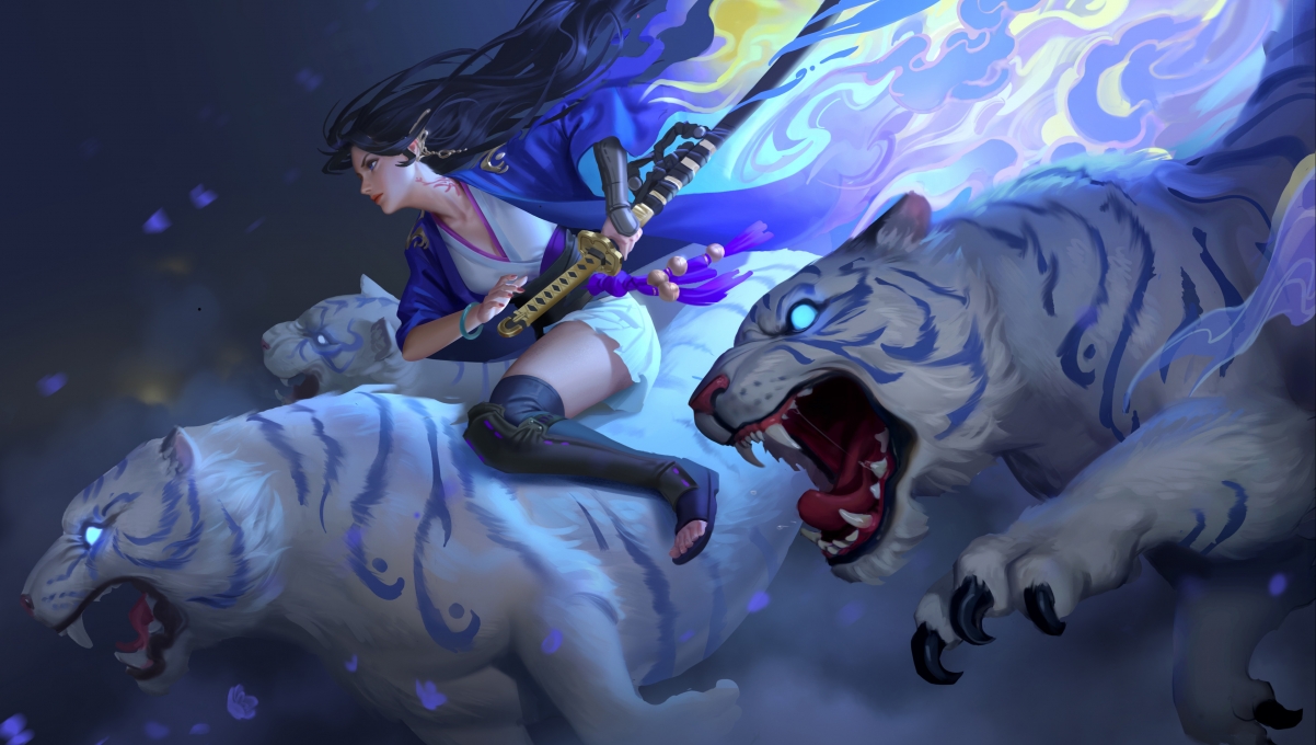 美女武士刀战虎，惊艳4K动漫壁纸，高清3840x2173，一键下载！