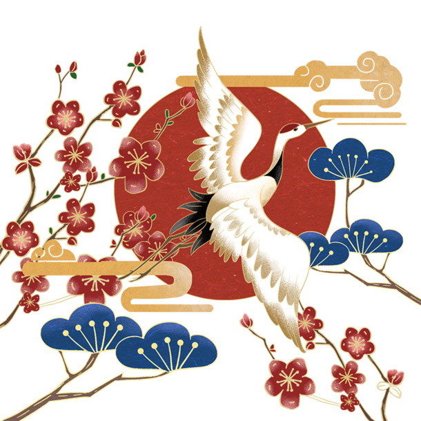 中国风仙鹤祥云梅花PNG透明图，高清装饰元素，设计素材下载
