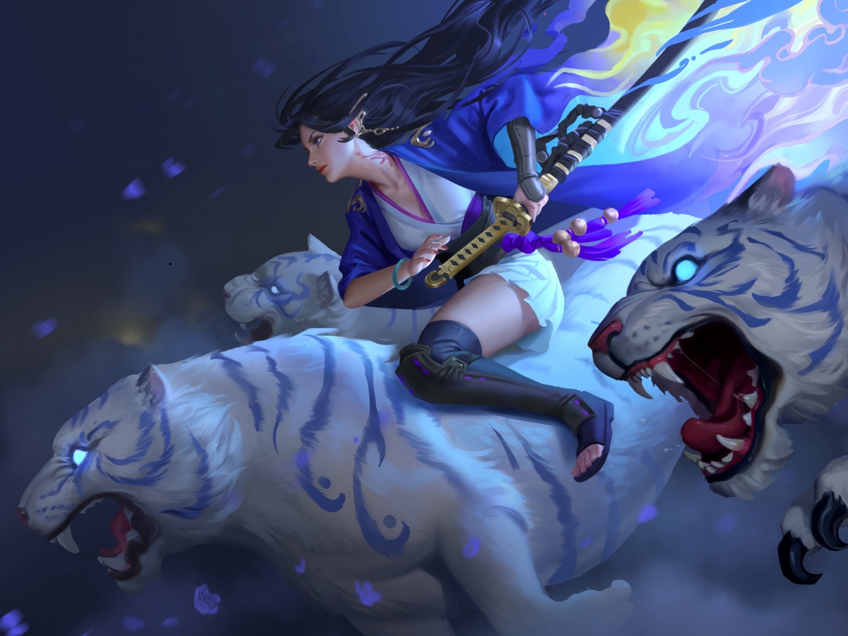 唯美动漫壁纸，美女武士刀战老虎，iPad平板高清2732x2048下载
