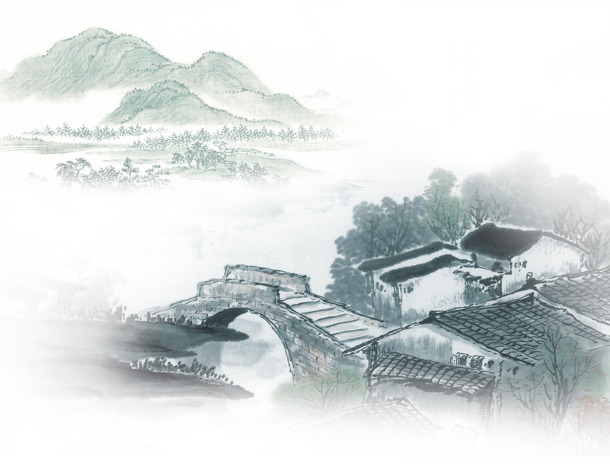 水墨村庄PNG透明图，中国风装饰元素，高清下载