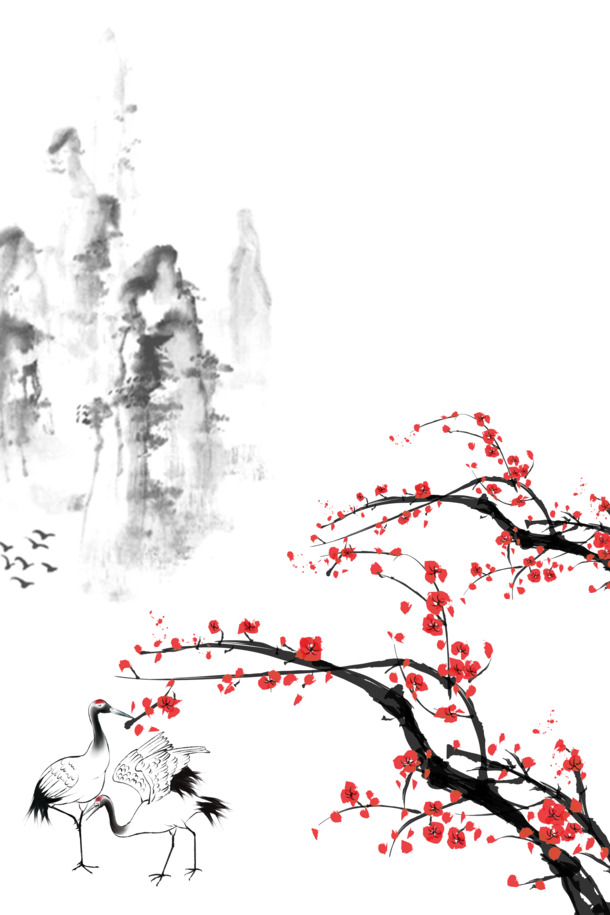 古风梅花仙鹤山景PNG透明图，中国风PSD设计素材免费下载