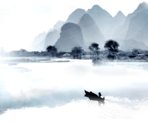 水墨古风山水画PNG透明图，中国风装饰元素，高清下载
