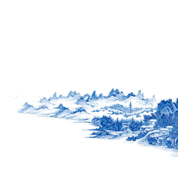 中国风蓝色墨水山水画PNG素材，高清透明装饰元素，免费下载