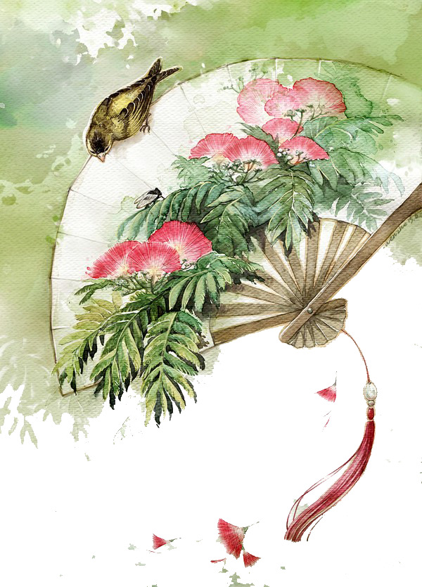 手绘花鸟扇子晕染PNG透明图，中国风装饰元素，高清素材下载