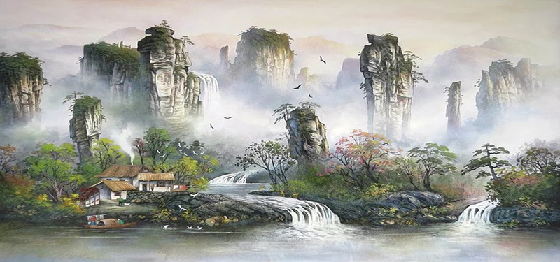 复古中国风山水风景画JPG高清素材，一键下载设计必备