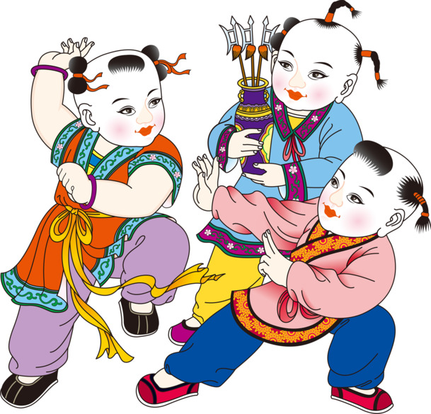 新春手绘年画娃娃PNG透明图片，高清中国风装饰元素，设计素材免费下载